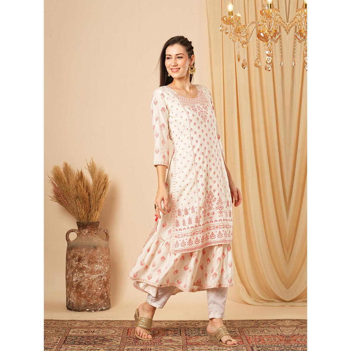 Globus X Styli Off White Gold Foil Ethnic Print Layered Festive Kurta-women-clothing-ethnicwear-kurtas-image-2