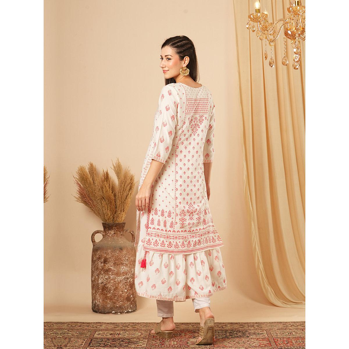 Globus X Styli Off White Gold Foil Ethnic Print Layered Festive Kurta-women-clothing-ethnicwear-kurtas-image-3