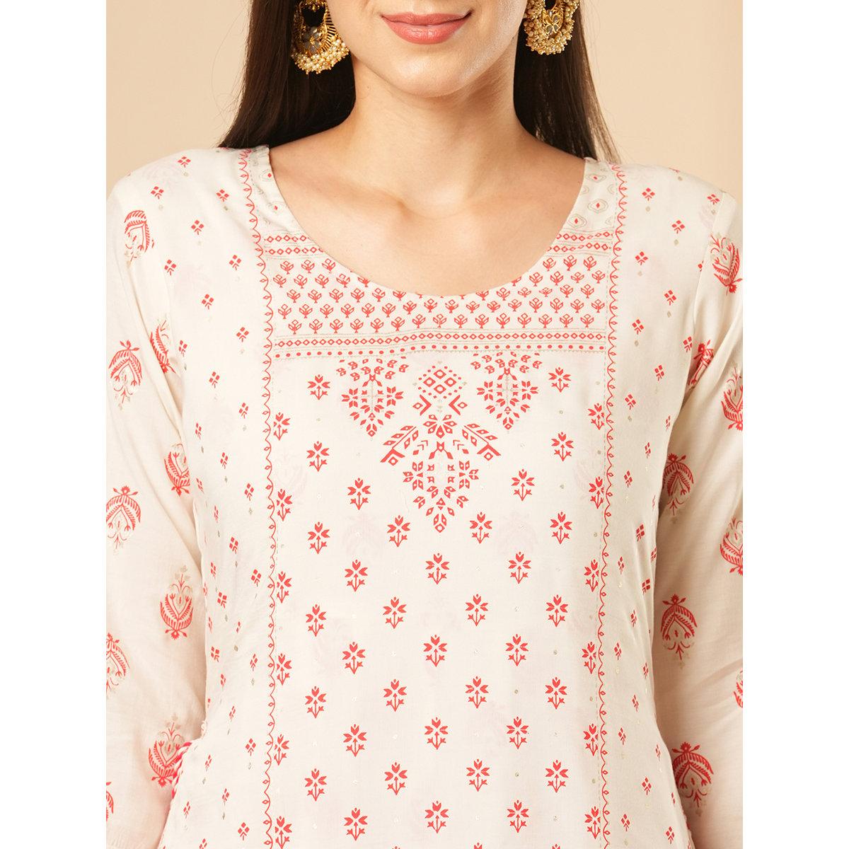 Globus X Styli Off White Gold Foil Ethnic Print Layered Festive Kurta-women-clothing-ethnicwear-kurtas-image-4