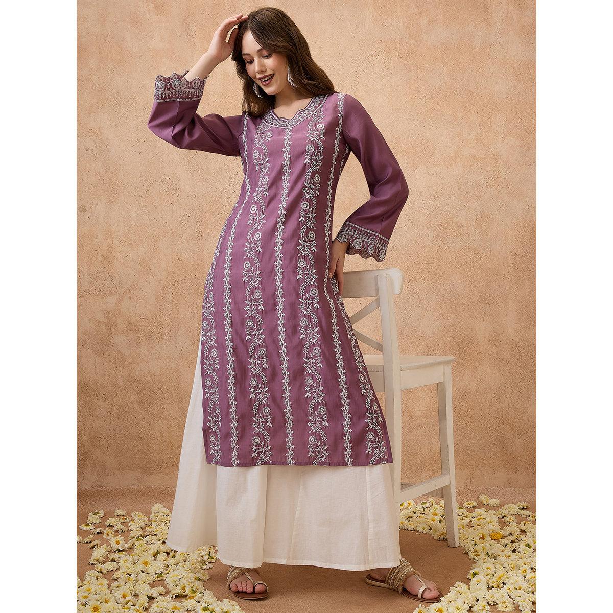 Globus X Styli Purple Floral Embroidered Bell Sleeves Festive Kurta-women-clothing-ethnicwear-kurtas-image-1