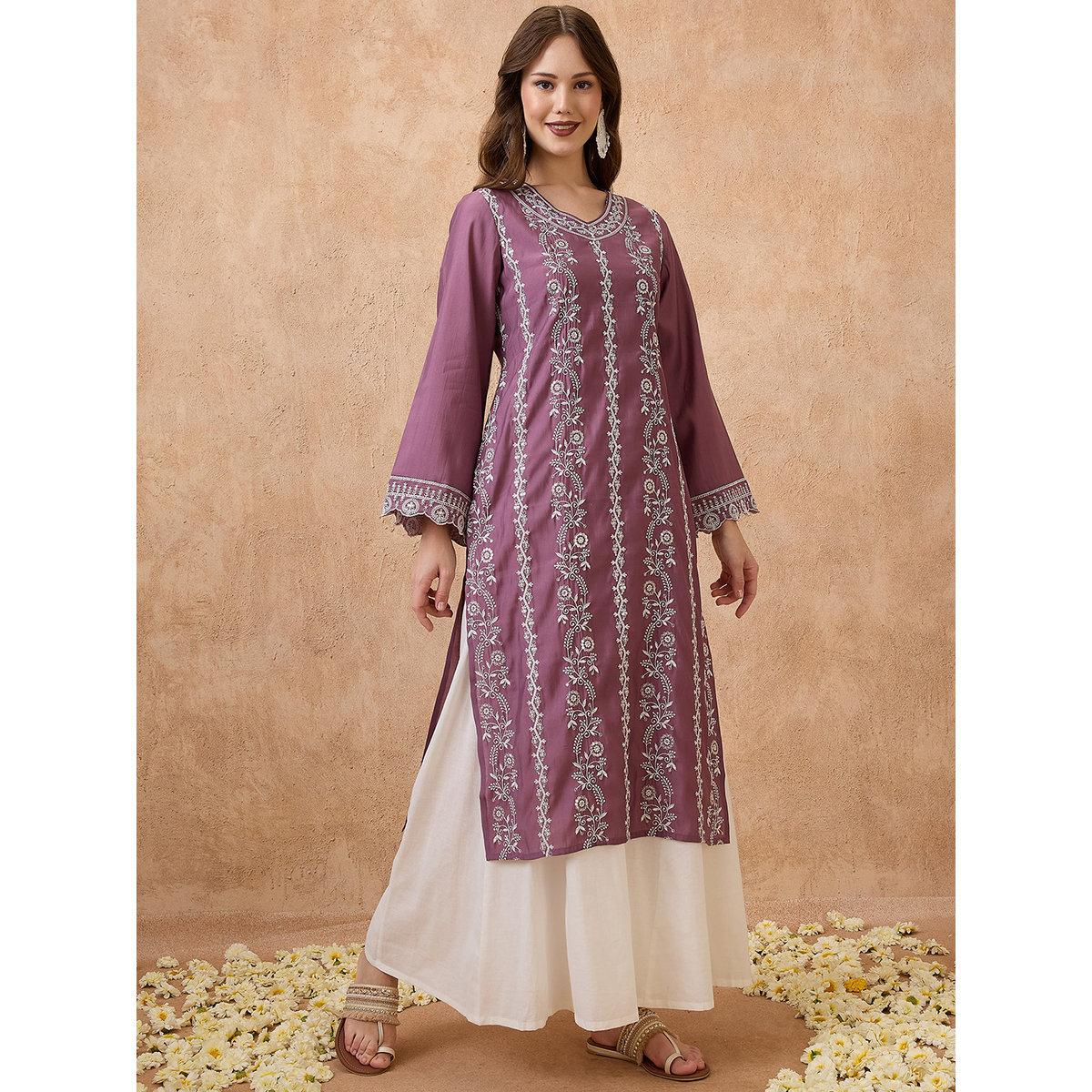 Globus X Styli Purple Floral Embroidered Bell Sleeves Festive Kurta-women-clothing-ethnicwear-kurtas-image-2