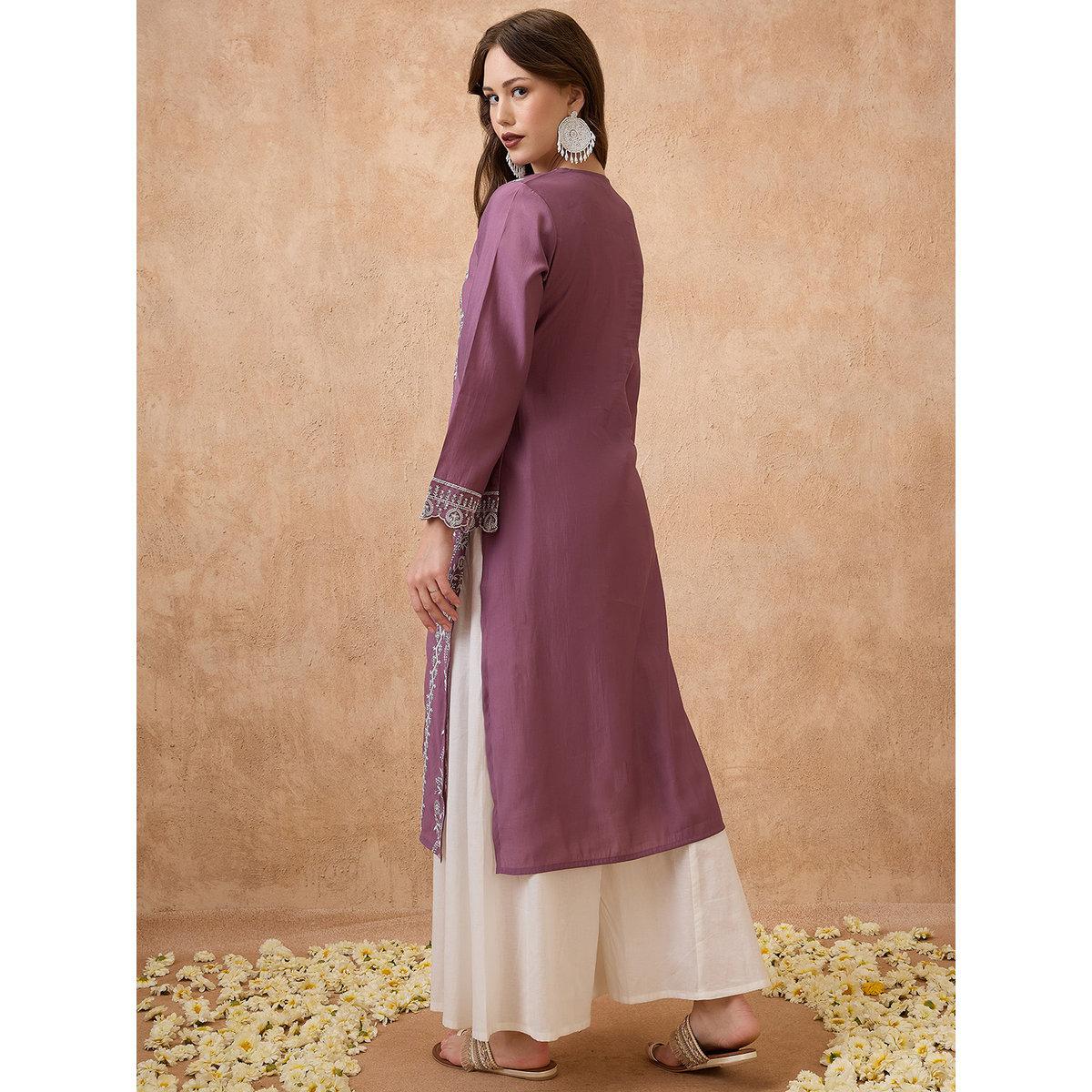 Globus X Styli Purple Floral Embroidered Bell Sleeves Festive Kurta-women-clothing-ethnicwear-kurtas-image-3