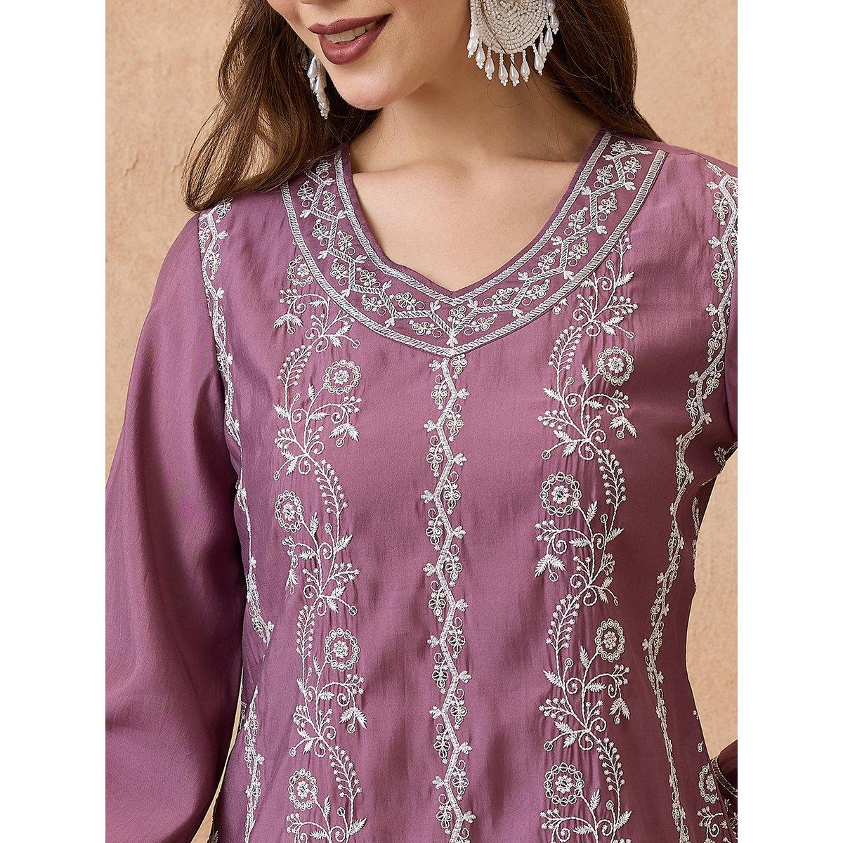 Globus X Styli Purple Floral Embroidered Bell Sleeves Festive Kurta-women-clothing-ethnicwear-kurtas-image-4