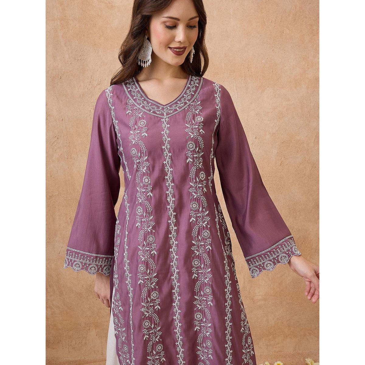 Globus X Styli Purple Floral Embroidered Bell Sleeves Festive Kurta-women-clothing-ethnicwear-kurtas-image-5