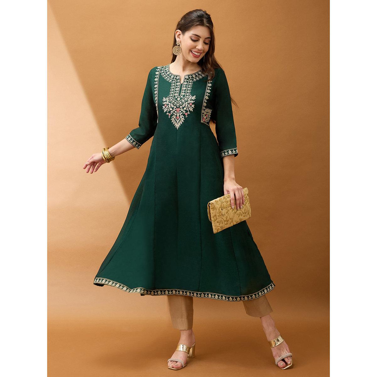 Globus X Styli Green Embroidered Yoke Anarkali Festive Kurta-women-clothing-ethnicwear-kurtas-image-1