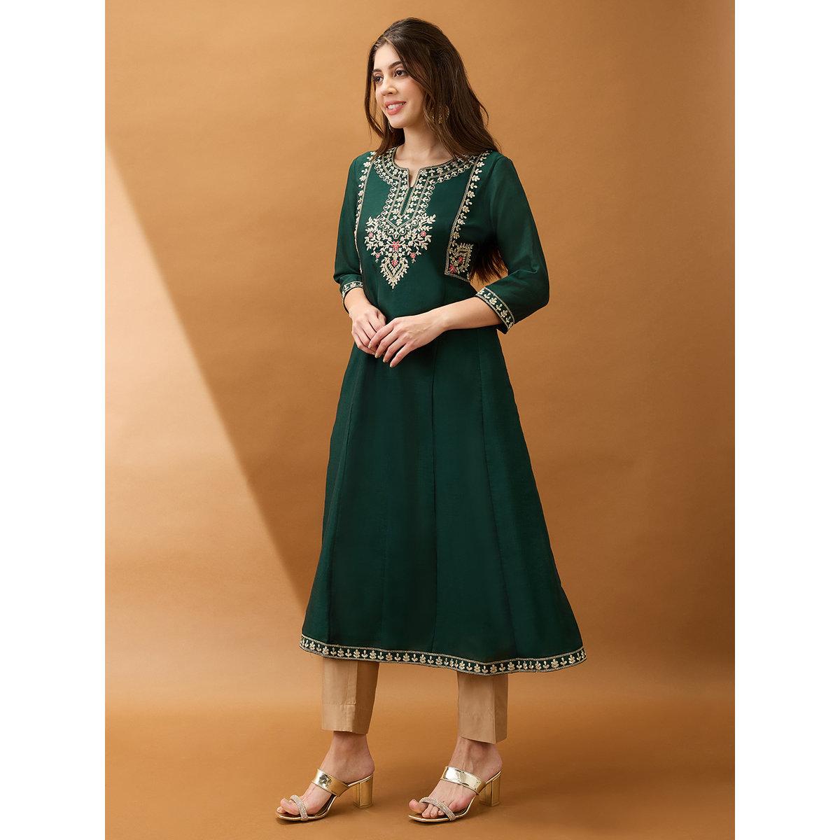 Globus X Styli Green Embroidered Yoke Anarkali Festive Kurta-women-clothing-ethnicwear-kurtas-image-2
