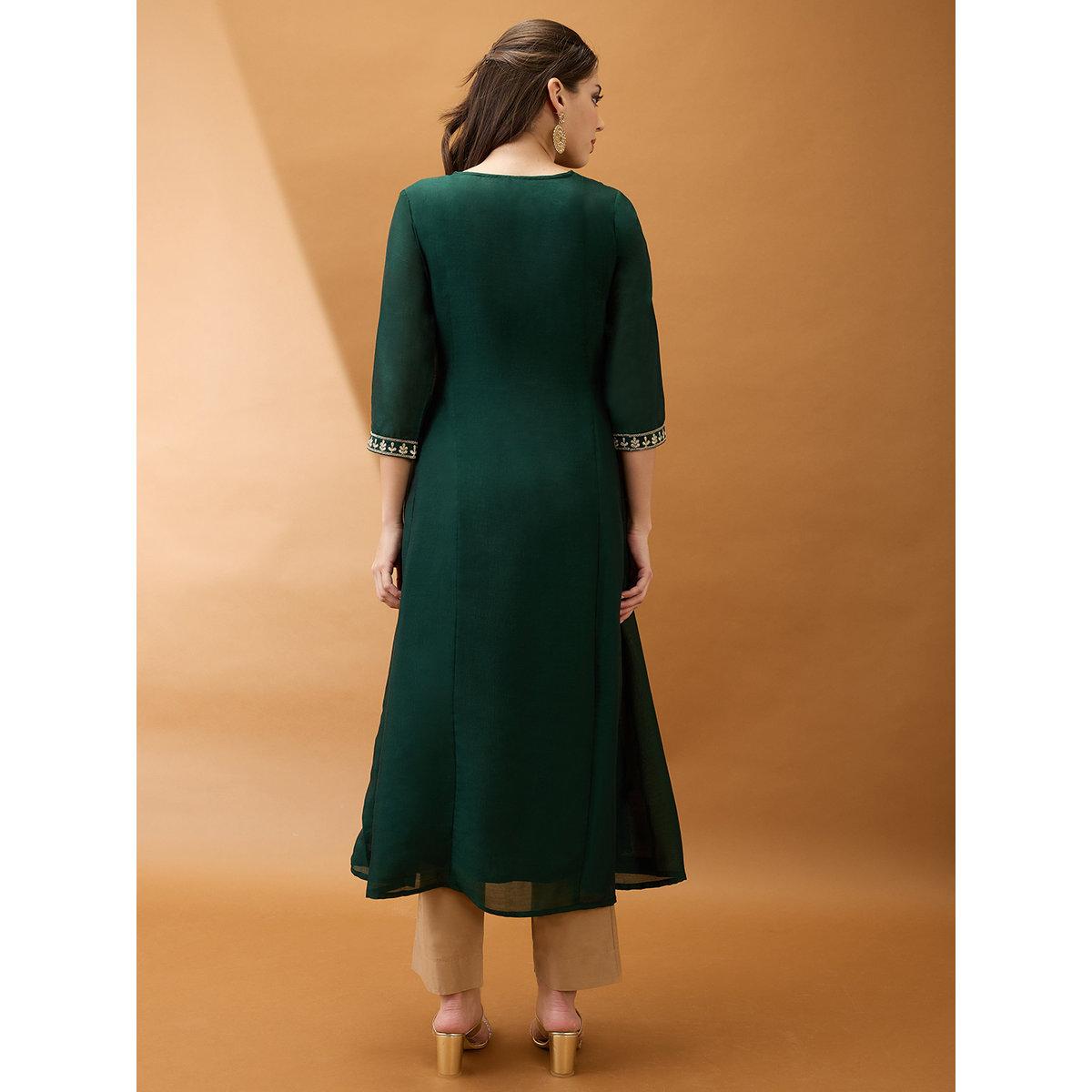 Globus X Styli Green Embroidered Yoke Anarkali Festive Kurta-women-clothing-ethnicwear-kurtas-image-3