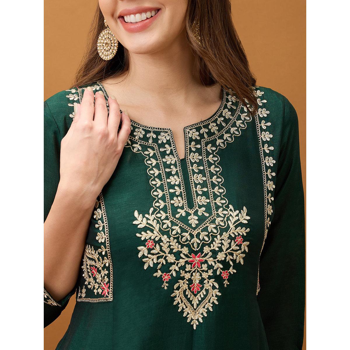 Globus X Styli Green Embroidered Yoke Anarkali Festive Kurta-women-clothing-ethnicwear-kurtas-image-4