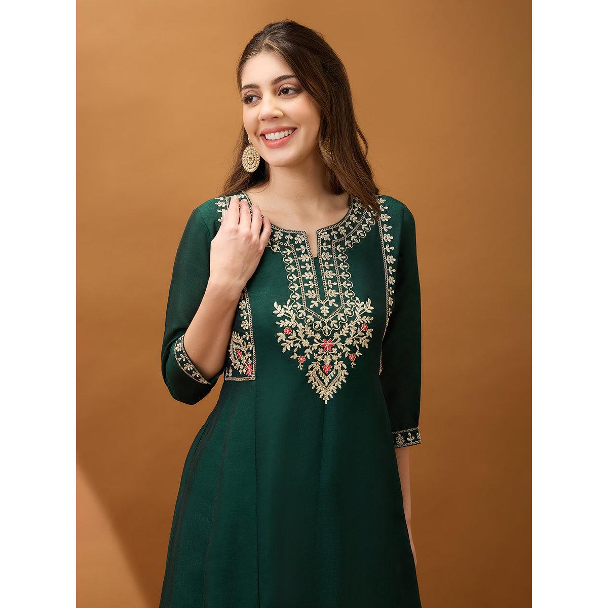 Globus X Styli Green Embroidered Yoke Anarkali Festive Kurta-women-clothing-ethnicwear-kurtas-image-5