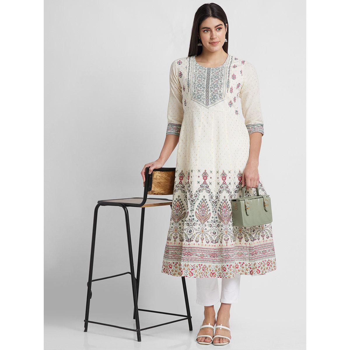 Globus X Styli Off White Printed Round Neck Anarkali Kurta-women-clothing-ethnicwear-kurtas-image-1