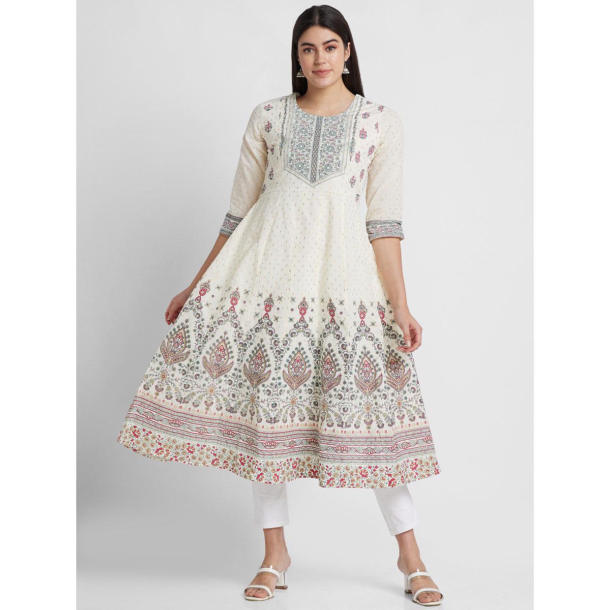 Globus X Styli Off White Printed Round Neck Anarkali Kurta-women-clothing-ethnicwear-kurtas-image-2