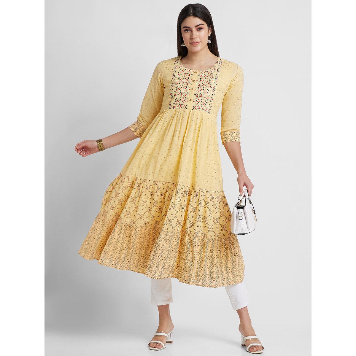 Globus X Styli Women Yellow Printed Round Neck Anarkali Kurta-women-clothing-ethnicwear-kurtas-image-1