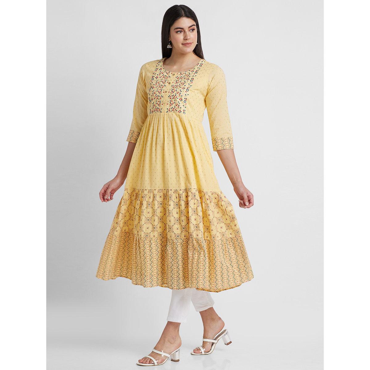 Globus X Styli Women Yellow Printed Round Neck Anarkali Kurta-women-clothing-ethnicwear-kurtas-image-4
