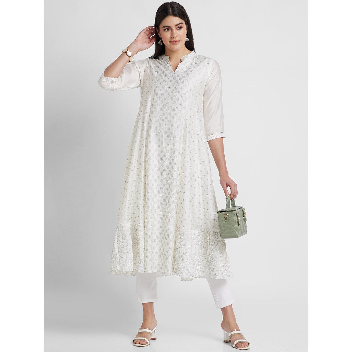 Globus X Styli Off White Printed Collared Anarkali Kurta-women-clothing-ethnicwear-kurtas-image-1