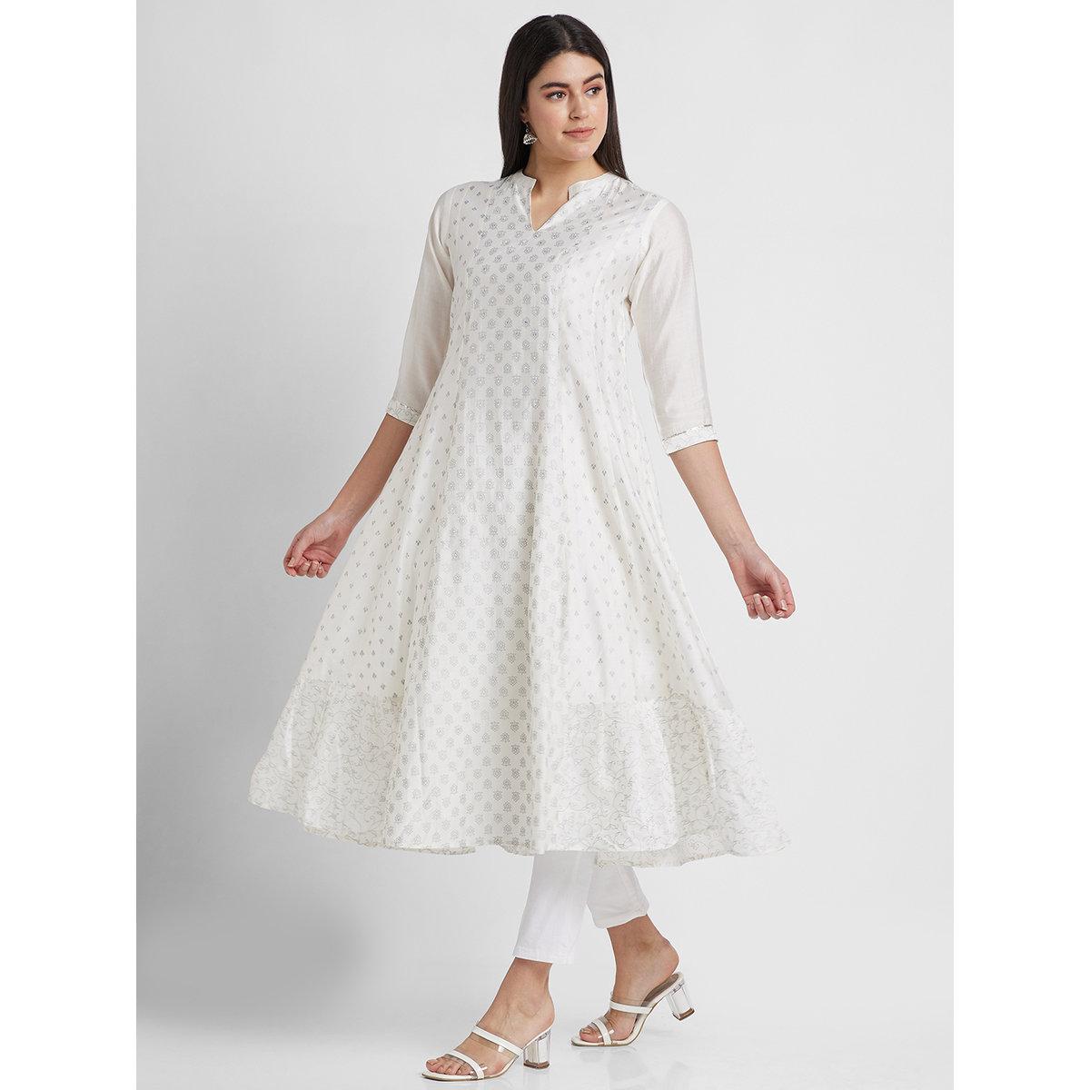 Globus X Styli Off White Printed Collared Anarkali Kurta-women-clothing-ethnicwear-kurtas-image-4