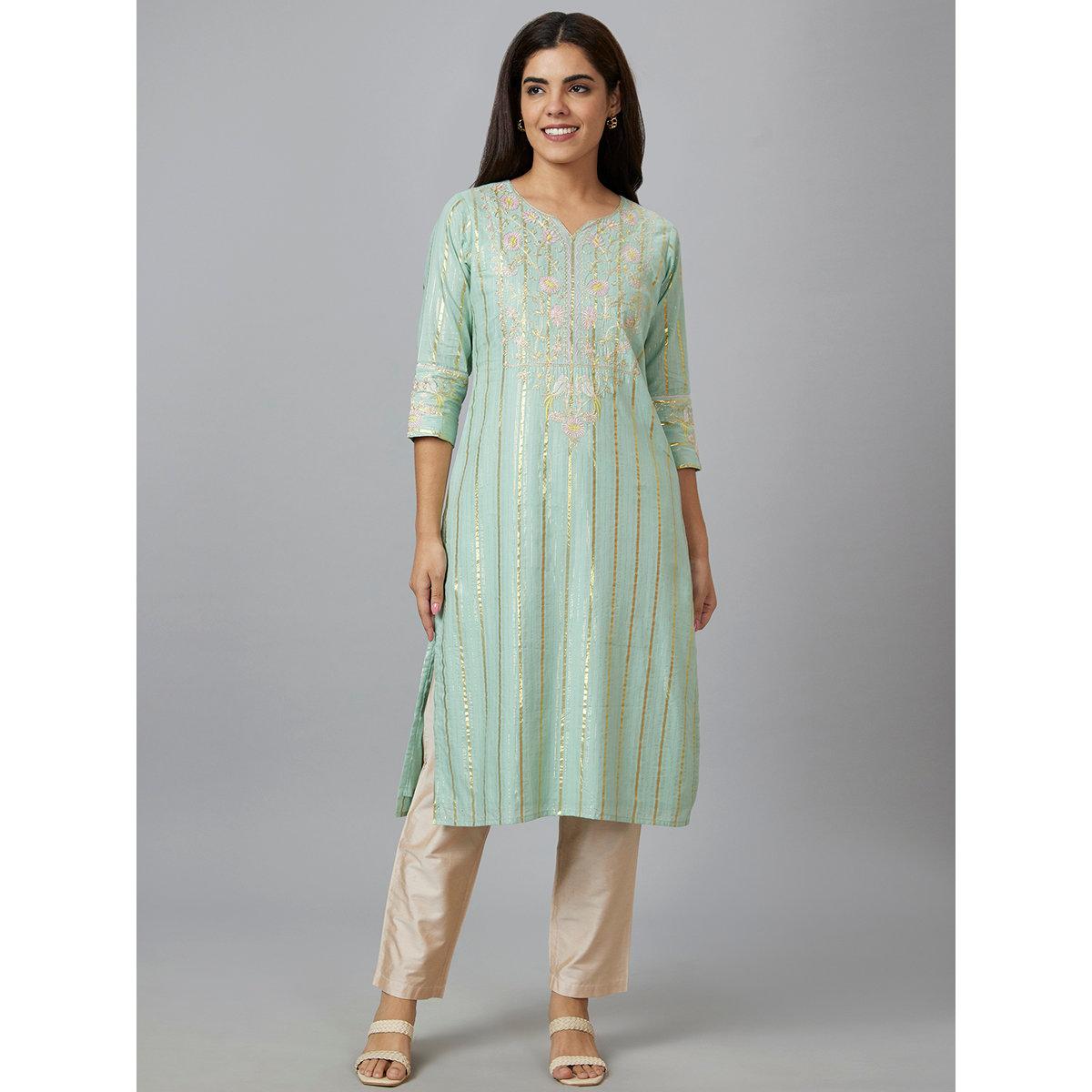 Globus X Styli Green Embroidered Straight Kurta-women-clothing-ethnicwear-kurtas-image-1