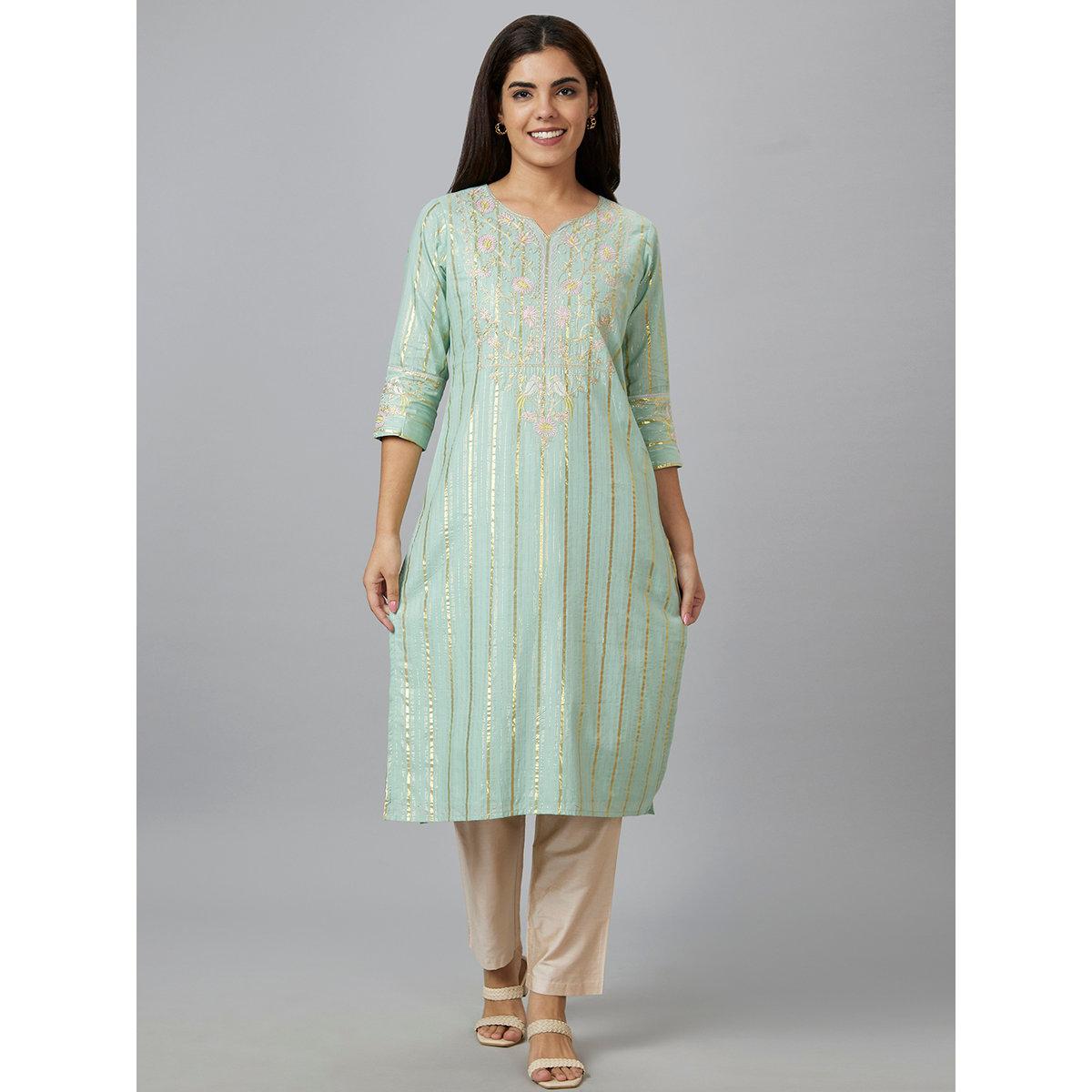 Globus X Styli Green Embroidered Straight Kurta-women-clothing-ethnicwear-kurtas-image-2