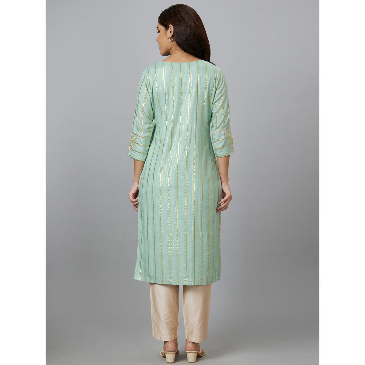 Globus X Styli Green Embroidered Straight Kurta-women-clothing-ethnicwear-kurtas-image-3
