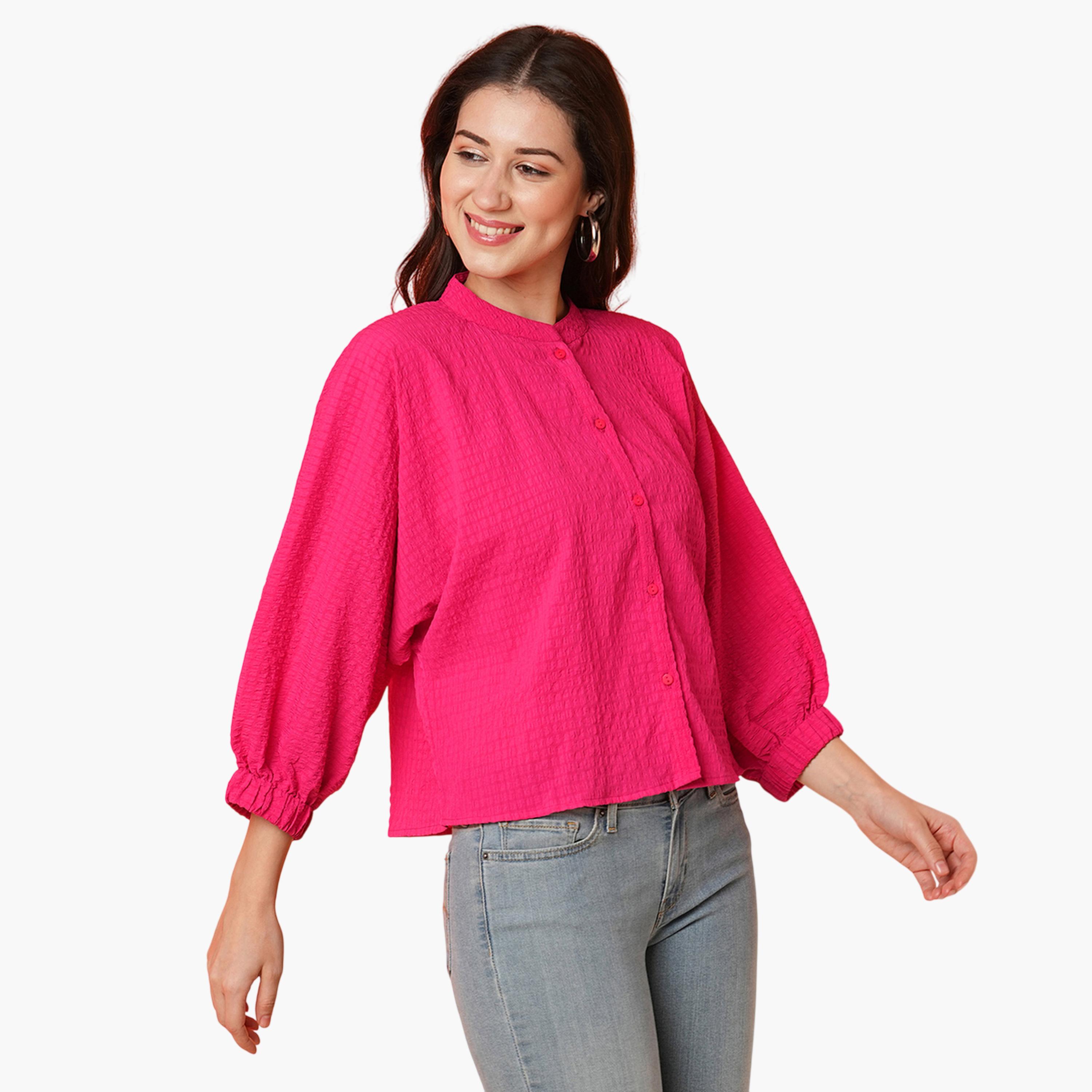 Globus X Styli Pink Mandarin Collar Textured Shirt-women-clothing-shirtsandblouses-shirts-image-1