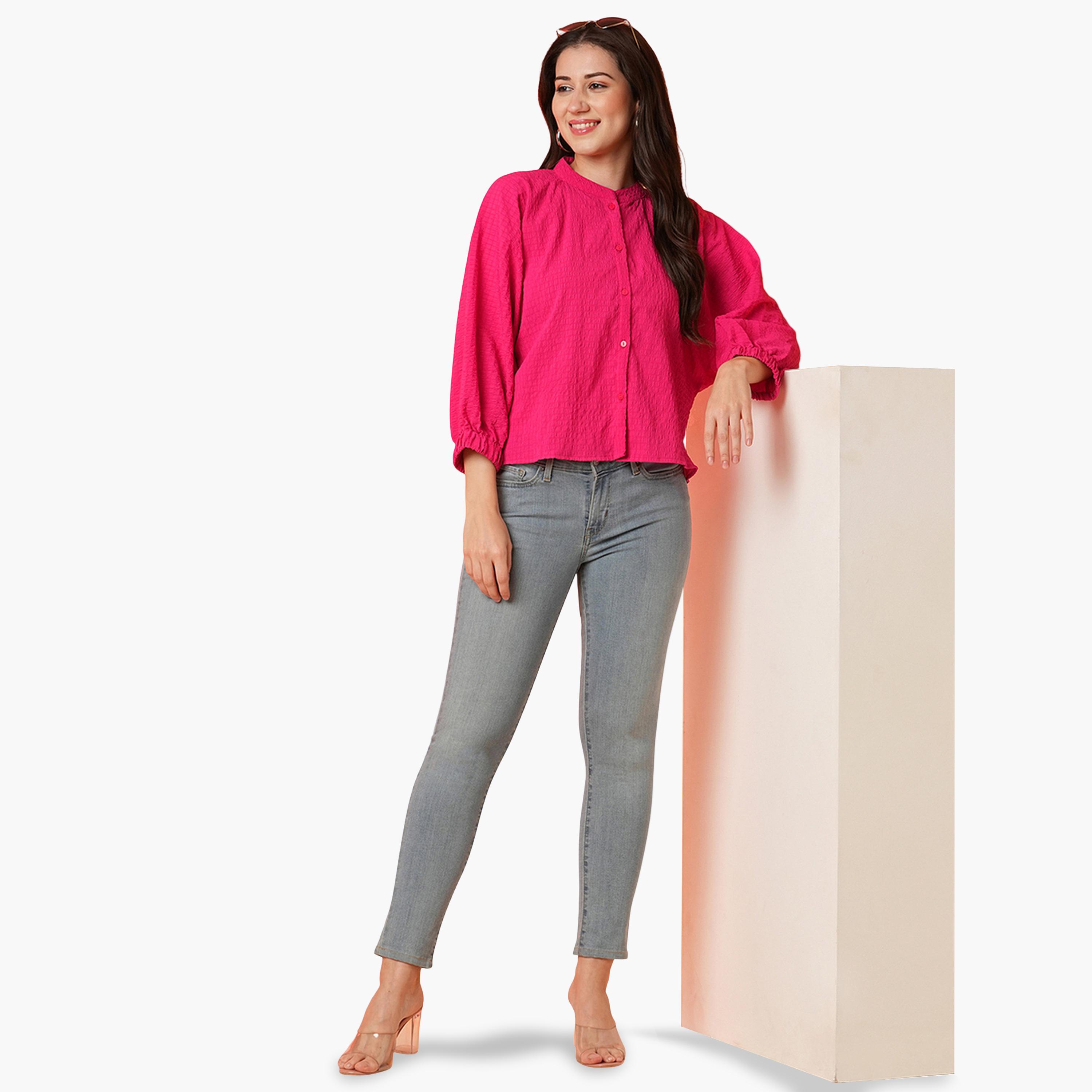 Globus X Styli Pink Mandarin Collar Textured Shirt-women-clothing-shirtsandblouses-shirts-image-2