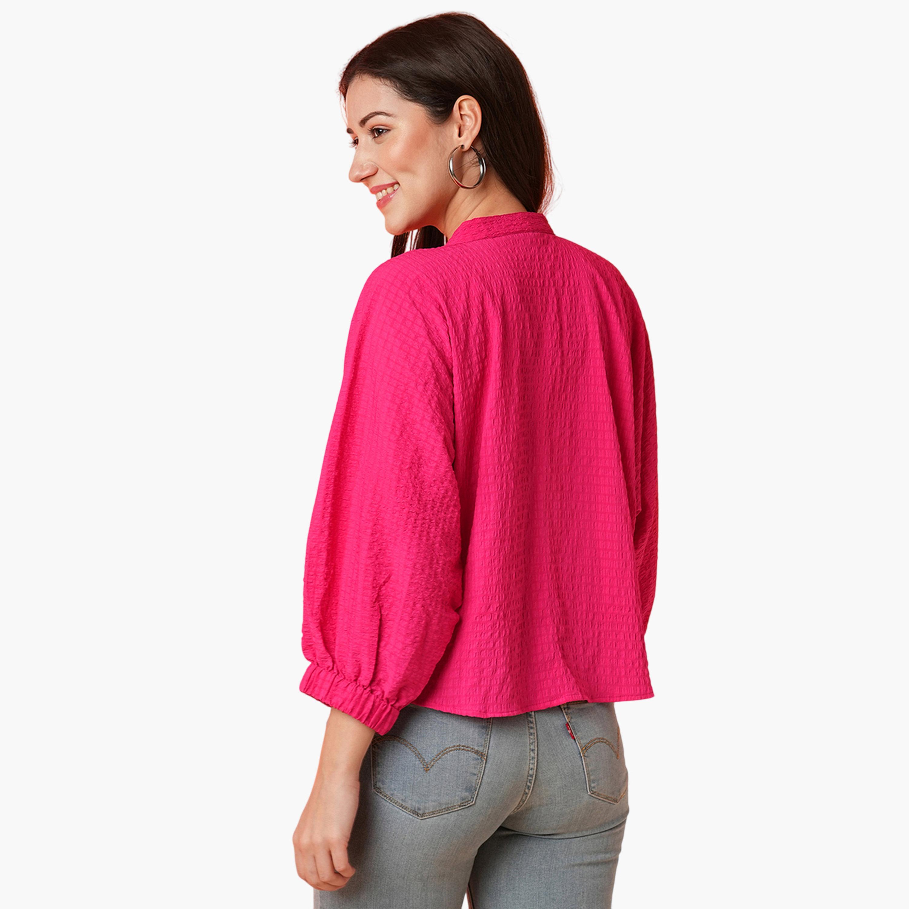 Globus X Styli Pink Mandarin Collar Textured Shirt-women-clothing-shirtsandblouses-shirts-image-3