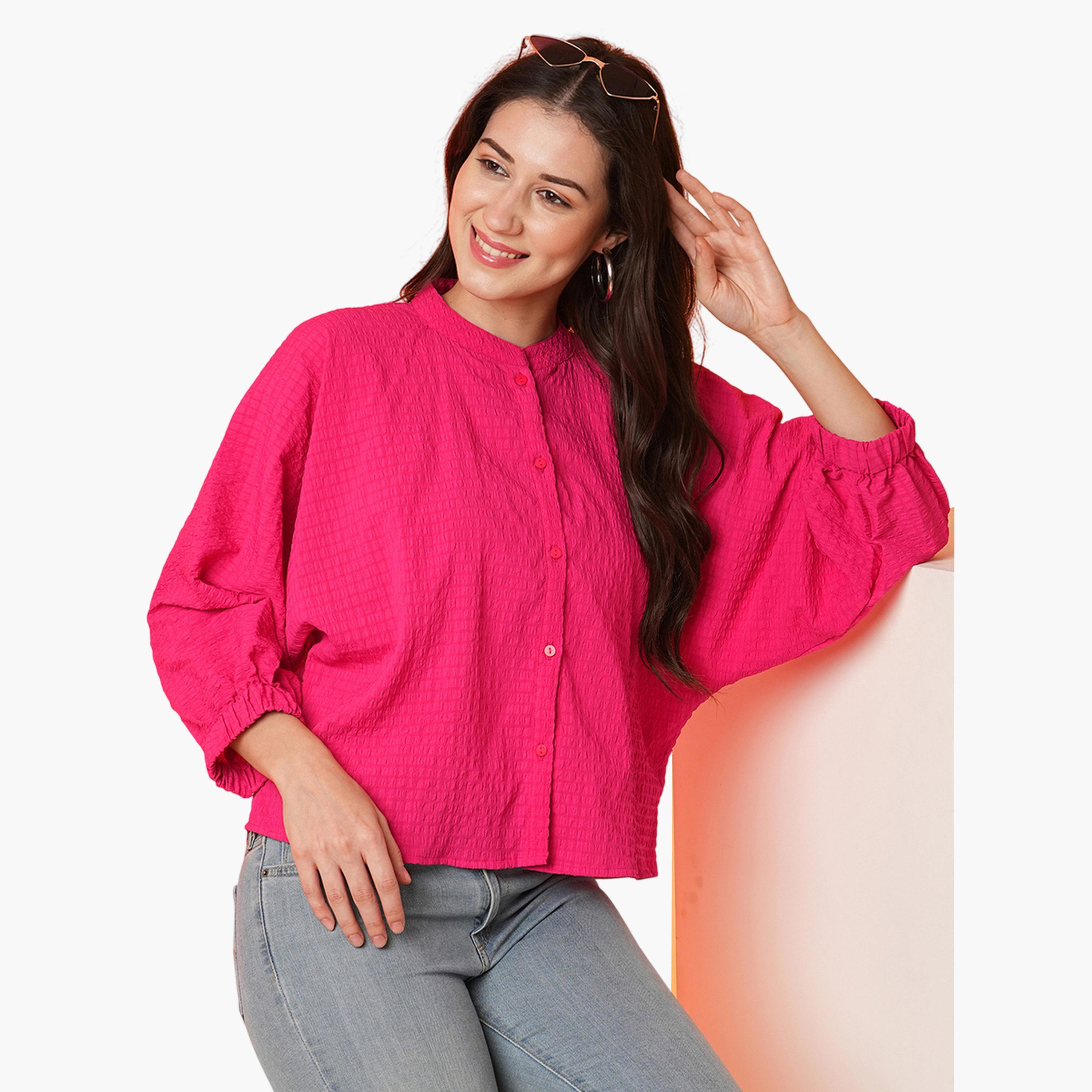 Globus X Styli Pink Mandarin Collar Textured Shirt-women-clothing-shirtsandblouses-shirts-image-4