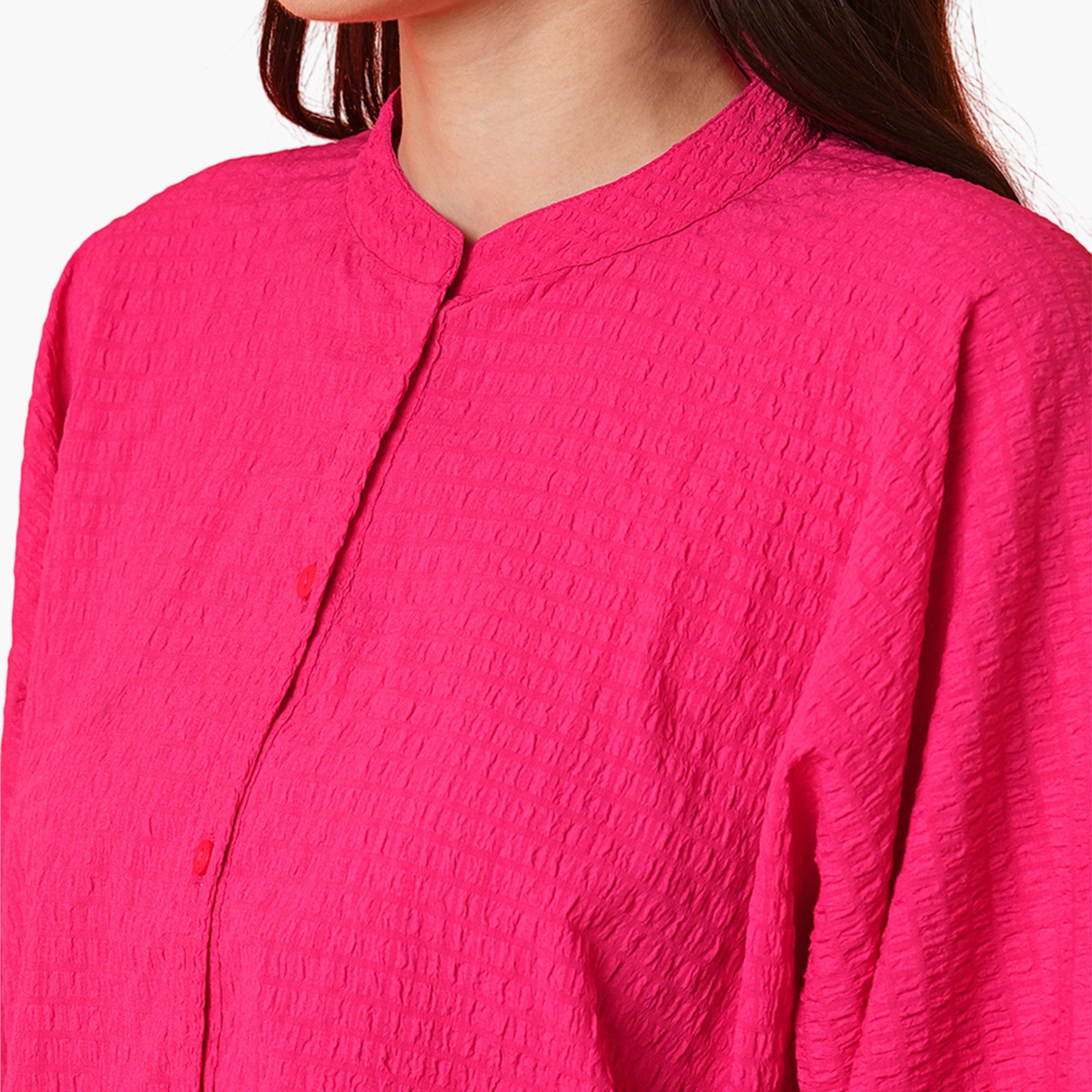 Globus X Styli Pink Mandarin Collar Textured Shirt-women-clothing-shirtsandblouses-shirts-image-5