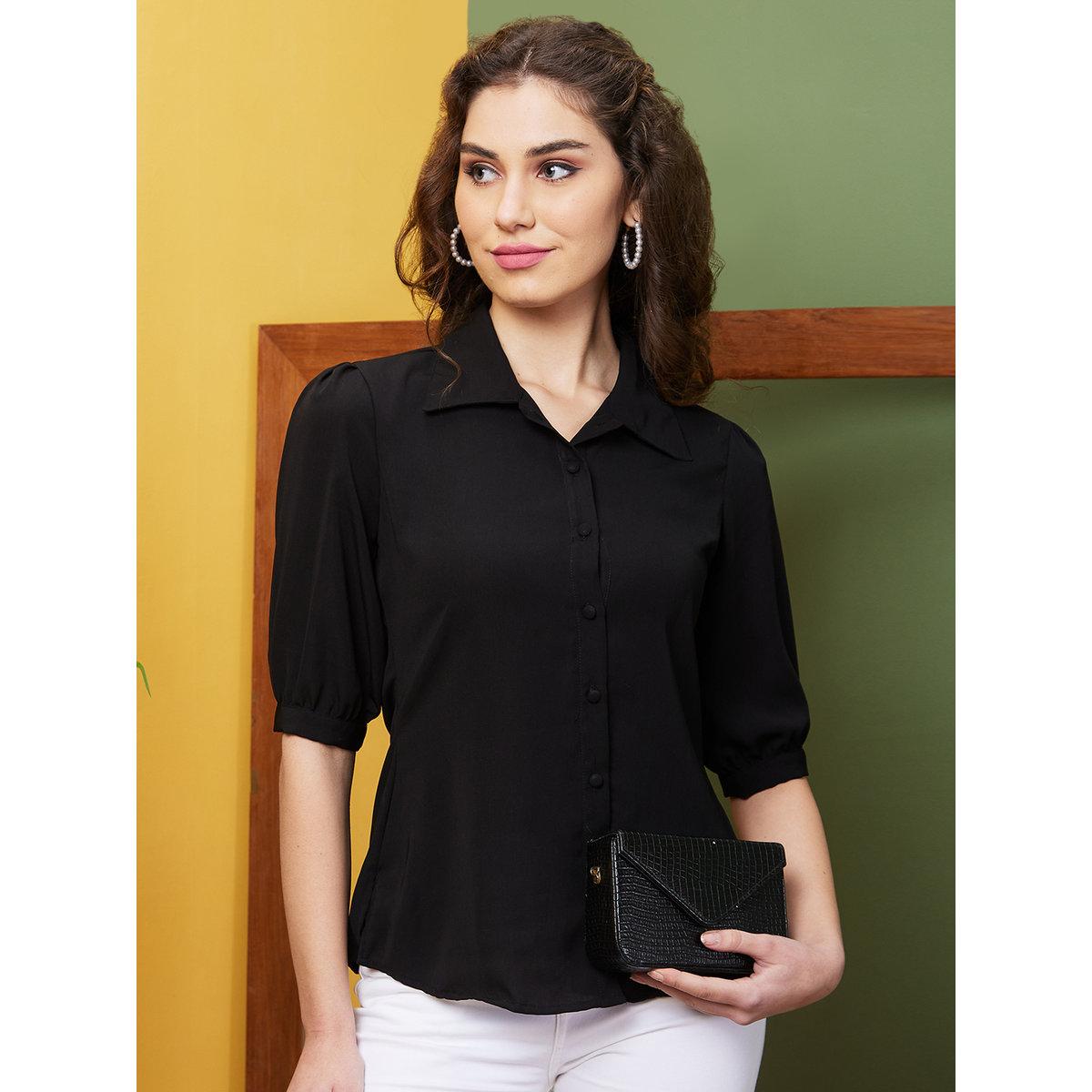 Globus X Styli Black Puff Sleeve Opaque Workwear Shirt-women-clothing-shirtsandblouses-shirts-image-1
