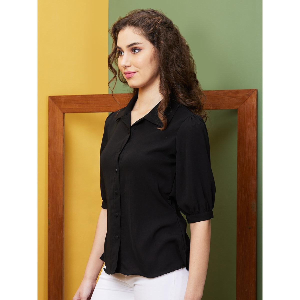 Globus X Styli Black Puff Sleeve Opaque Workwear Shirt-women-clothing-shirtsandblouses-shirts-image-2