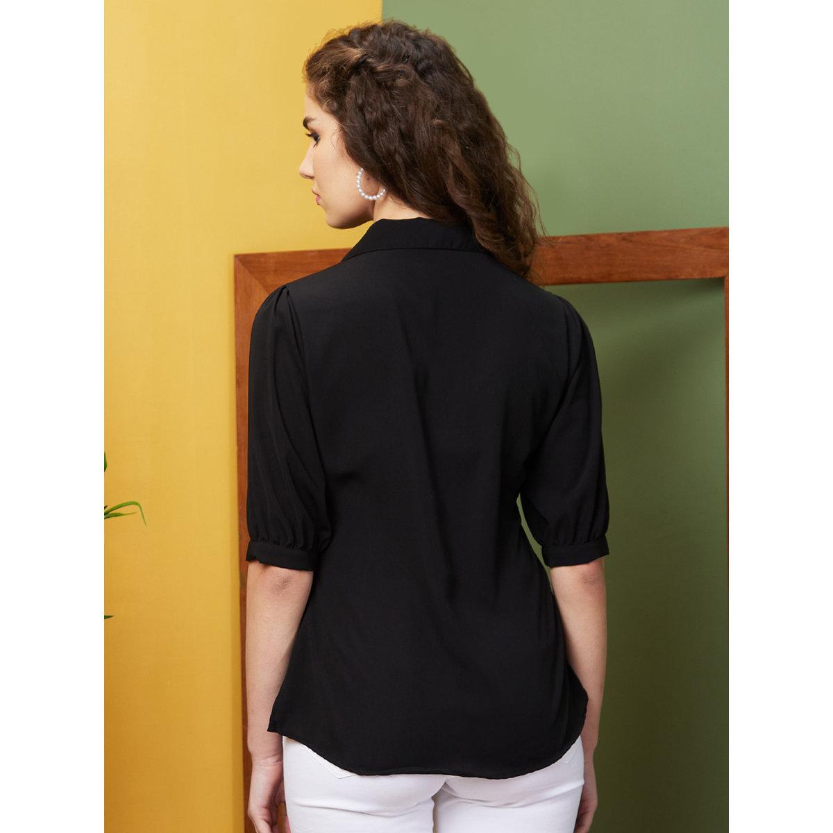 Globus X Styli Black Puff Sleeve Opaque Workwear Shirt-women-clothing-shirtsandblouses-shirts-image-3