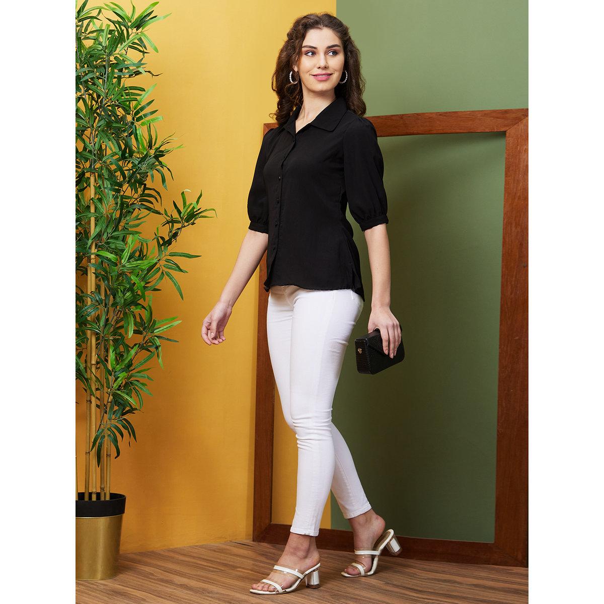 Globus X Styli Black Puff Sleeve Opaque Workwear Shirt-women-clothing-shirtsandblouses-shirts-image-5