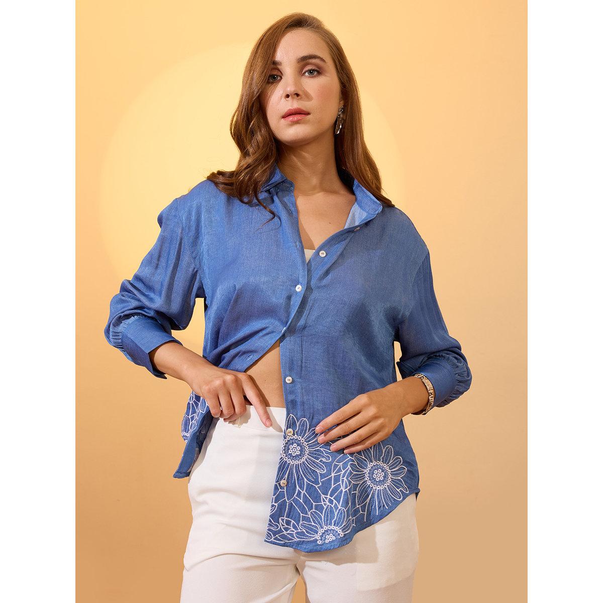 Globus X Styli Blue Floral Embroidered Regular Shirt-women-clothing-shirtsandblouses-shirts-image-1