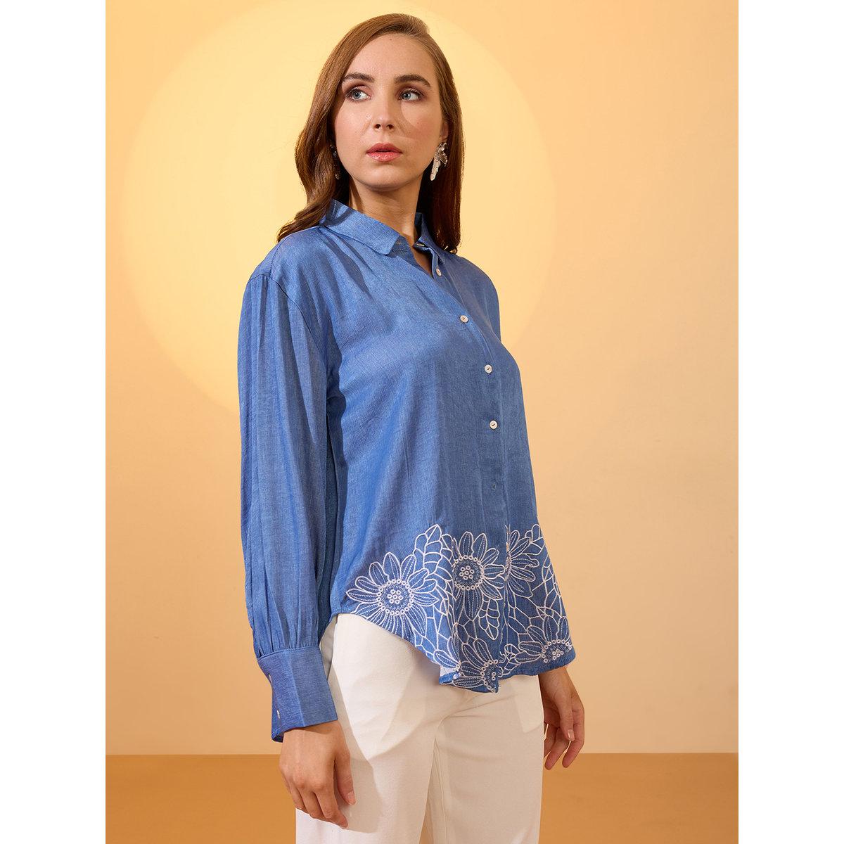 Globus X Styli Blue Floral Embroidered Regular Shirt-women-clothing-shirtsandblouses-shirts-image-2