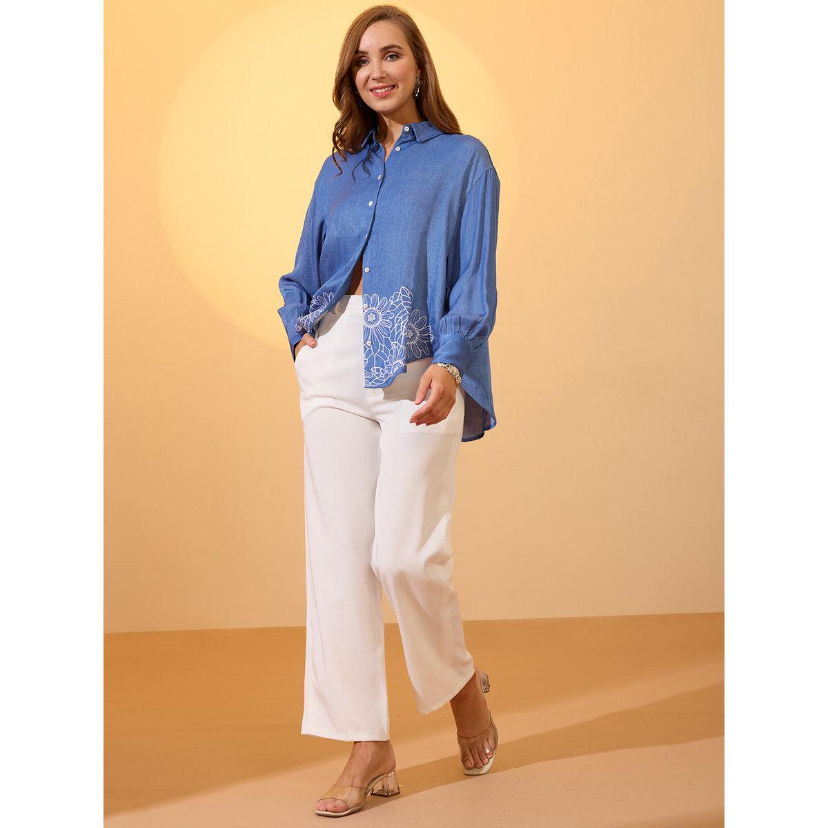 Globus X Styli Blue Floral Embroidered Regular Shirt-women-clothing-shirtsandblouses-shirts-image-5