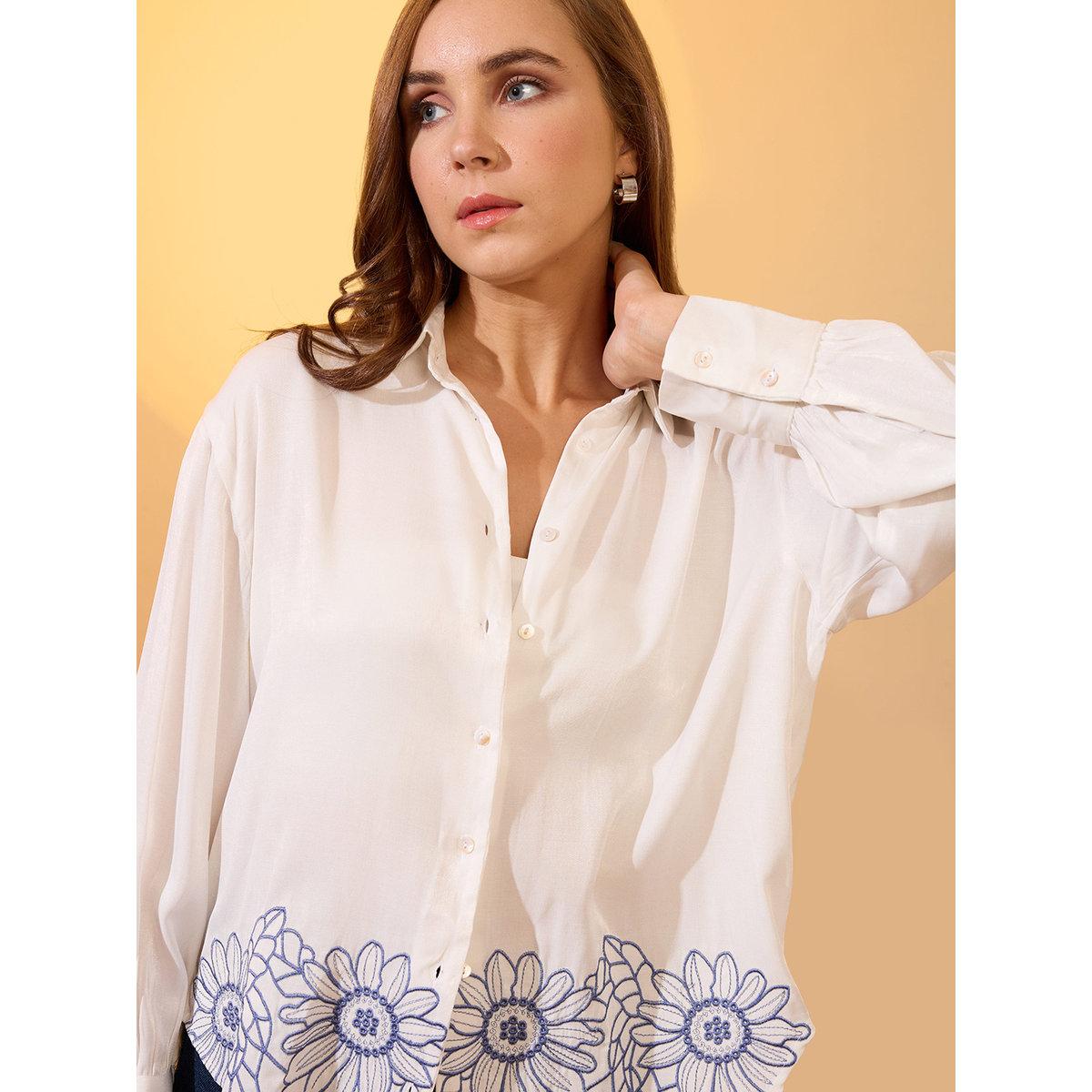 Globus X Styli White Floral Embroidered Regular Shirt-women-clothing-shirtsandblouses-shirts-image-1