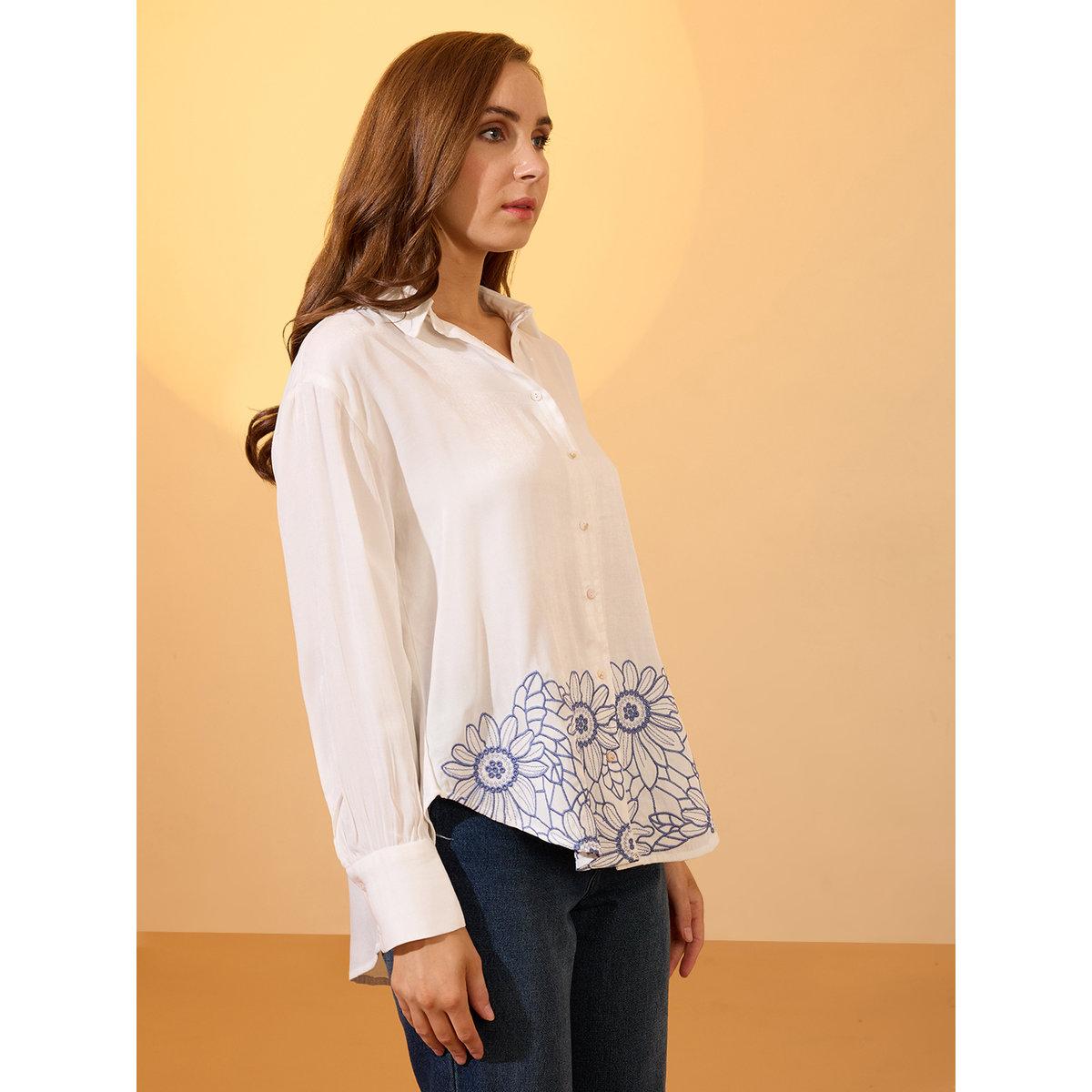 Globus X Styli White Floral Embroidered Regular Shirt-women-clothing-shirtsandblouses-shirts-image-2