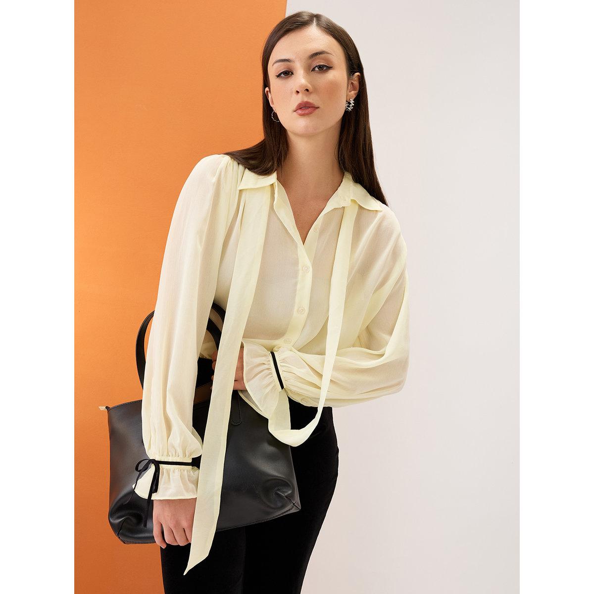 Globus X Styli Yellow Collared Neck Tie Chiffon Shirt-women-clothing-shirtsandblouses-shirts-image-1