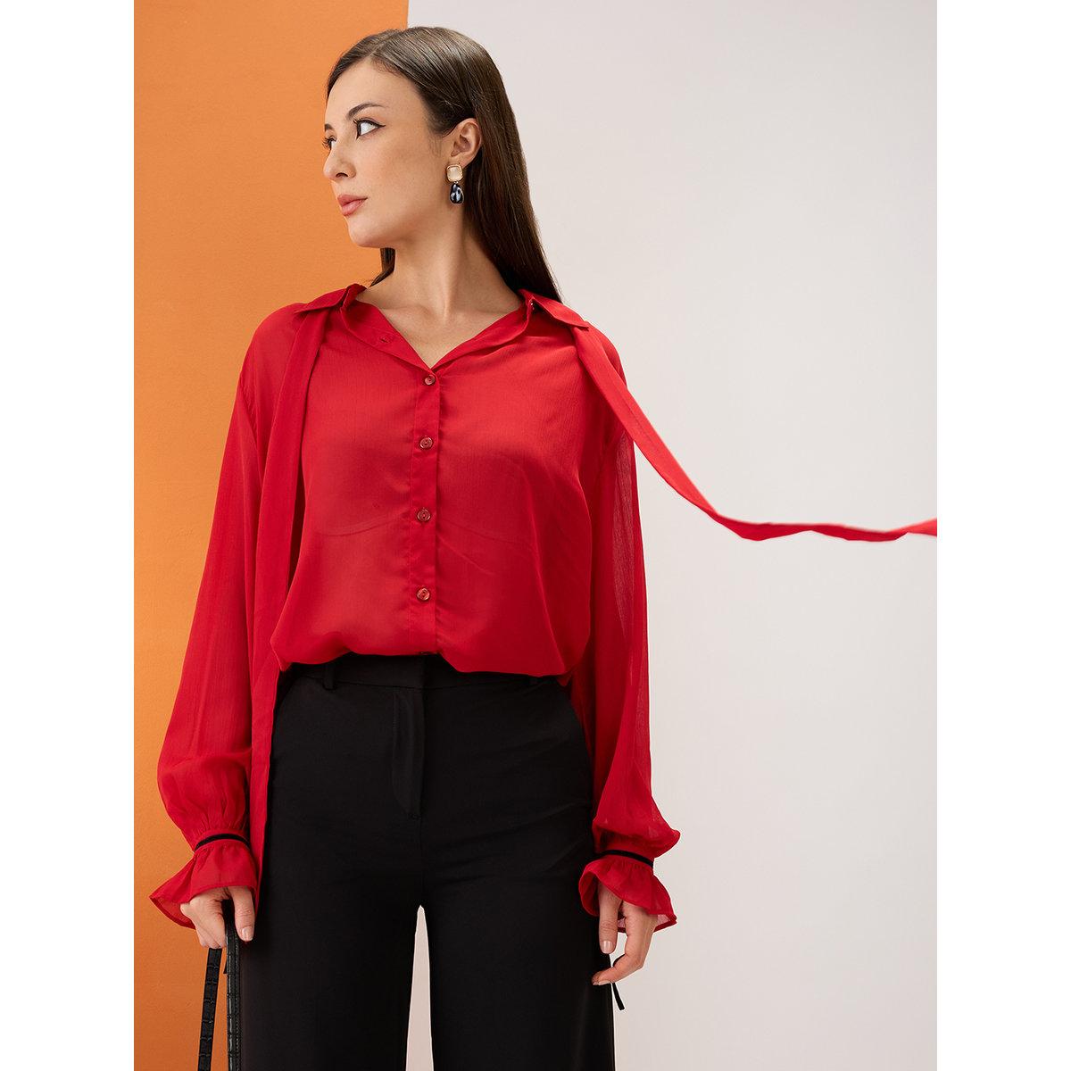 Globus X Styli Red Collared Neck Tie Chiffon Shirt-women-clothing-shirtsandblouses-shirts-image-1