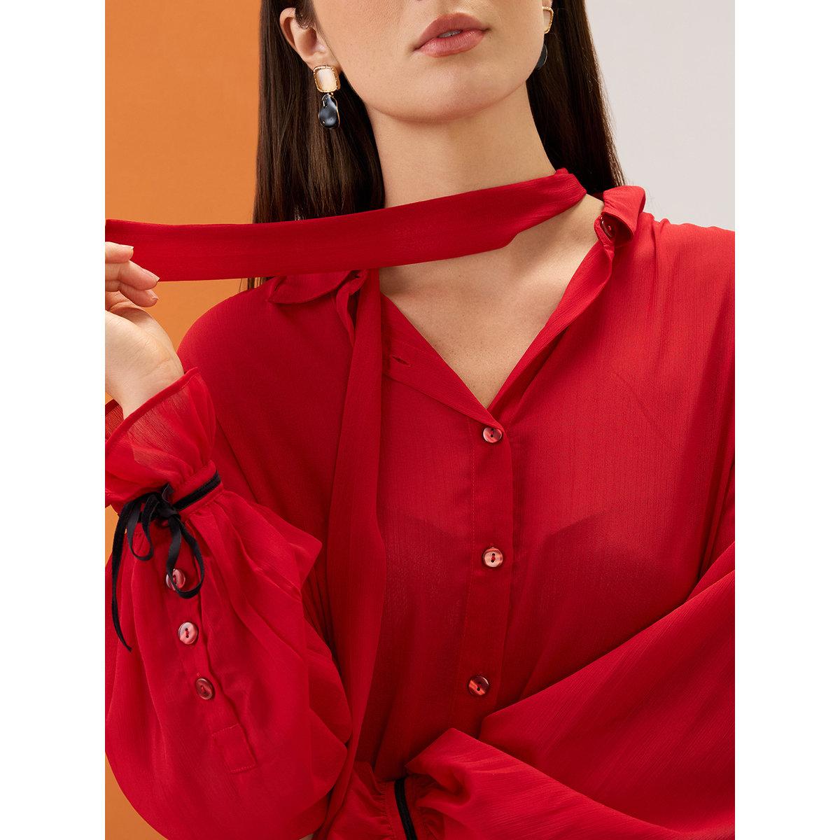 Globus X Styli Red Collared Neck Tie Chiffon Shirt-women-clothing-shirtsandblouses-shirts-image-4