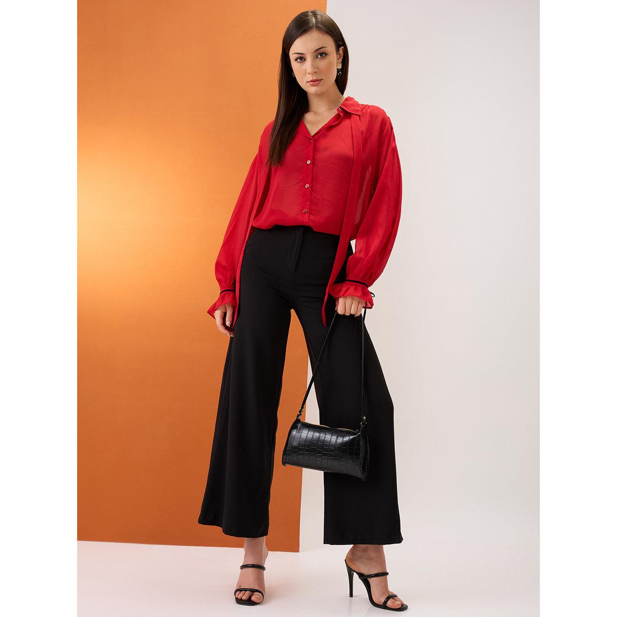 Globus X Styli Red Collared Neck Tie Chiffon Shirt-women-clothing-shirtsandblouses-shirts-image-5