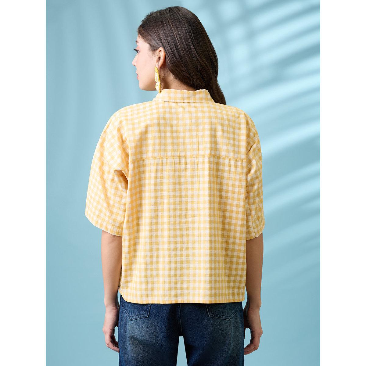 Globus X Styli Yellow Gingham Checked Boxy Shirt-women-clothing-shirtsandblouses-shirts-image-3