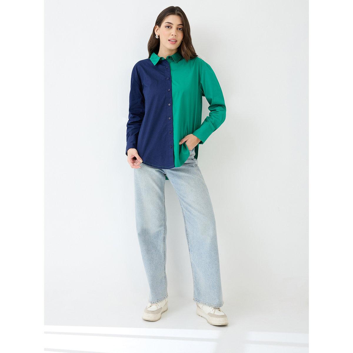 Globus X Styli Green Color Block Cotton Oversized Shirt-women-clothing-shirtsandblouses-shirts-image-5