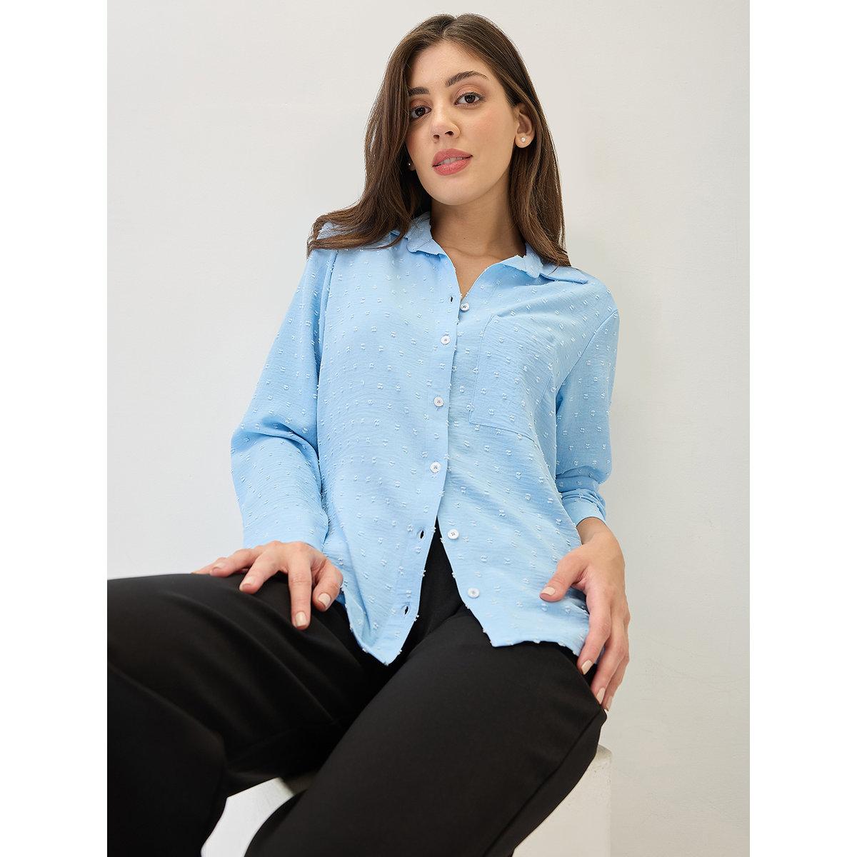 Globus X Styli Blue Dobby Curved Hem Shirt-women-clothing-shirtsandblouses-shirts-image-1