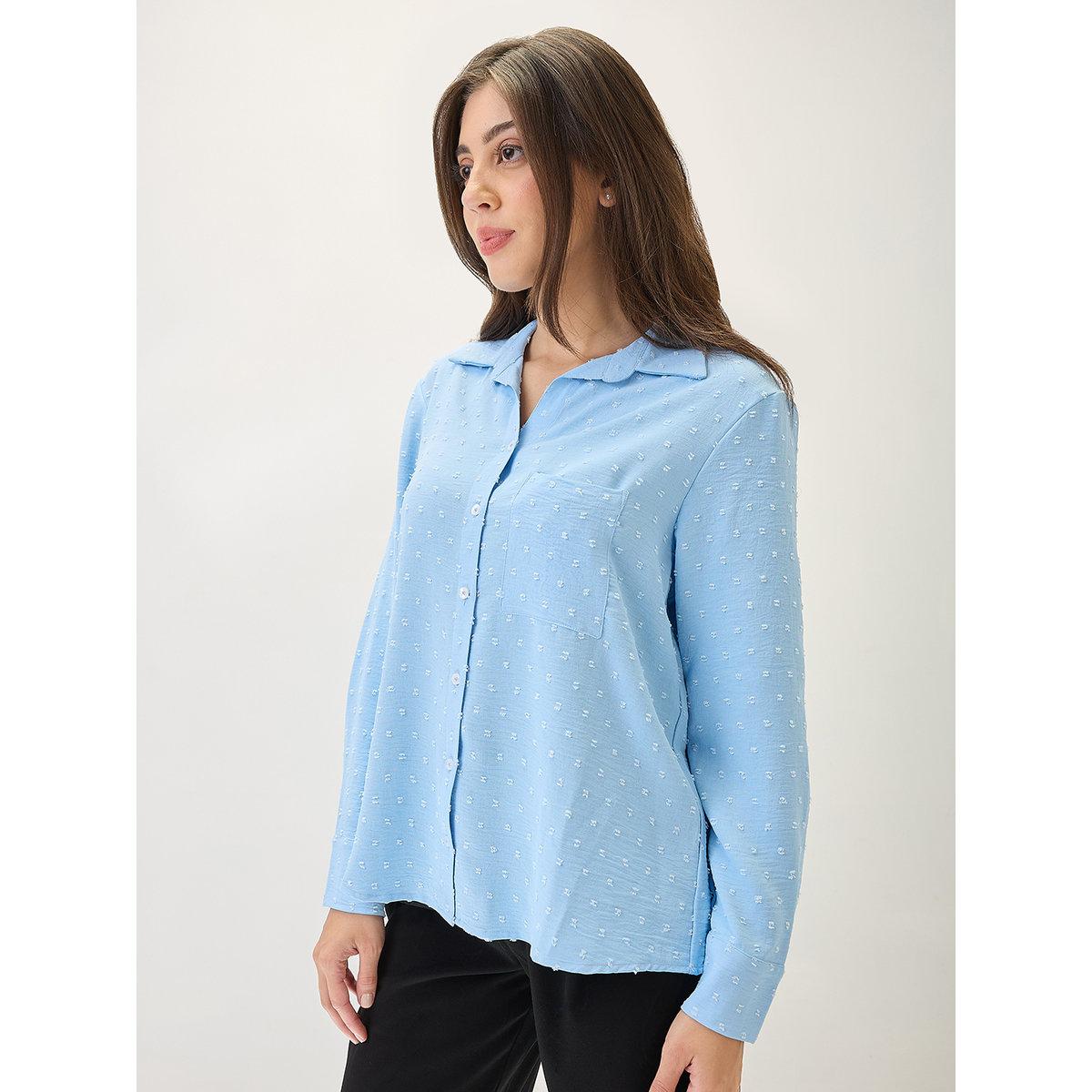 Globus X Styli Blue Dobby Curved Hem Shirt-women-clothing-shirtsandblouses-shirts-image-2
