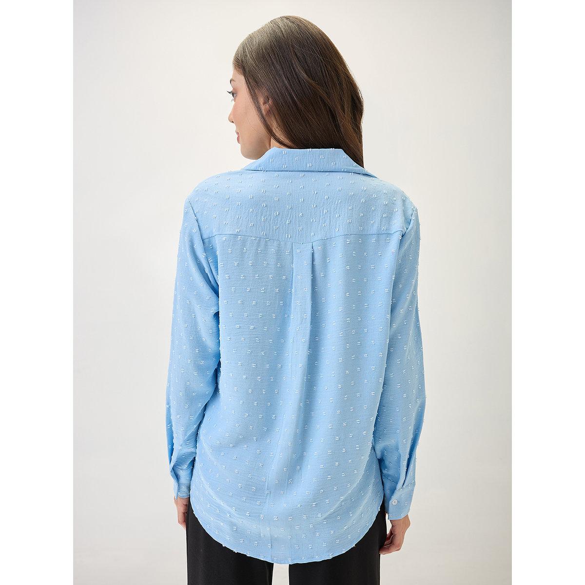 Globus X Styli Blue Dobby Curved Hem Shirt-women-clothing-shirtsandblouses-shirts-image-3