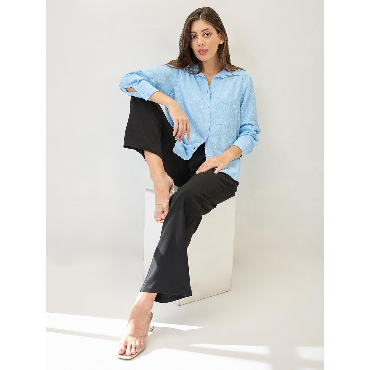 Globus X Styli Blue Dobby Curved Hem Shirt-women-clothing-shirtsandblouses-shirts-image-5