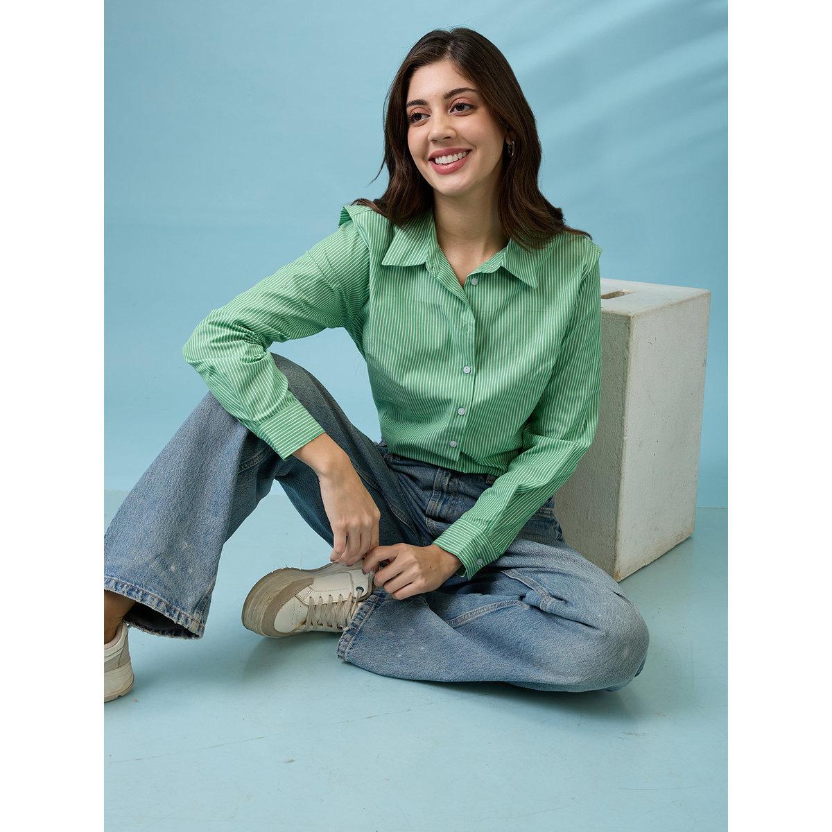 Globus X Styli Green Striped Cotton Regular Shirt-women-clothing-shirtsandblouses-shirts-image-1
