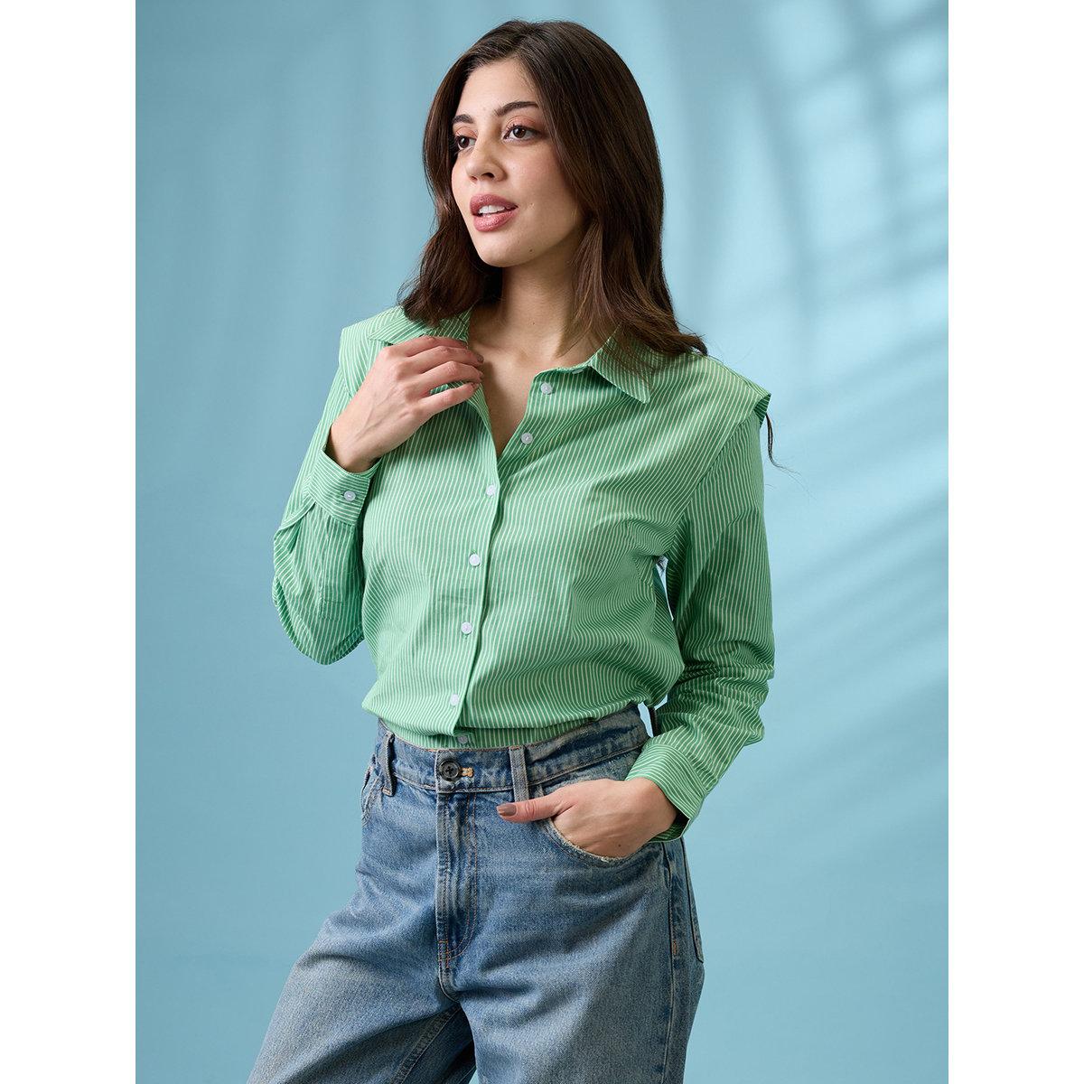 Globus X Styli Green Striped Cotton Regular Shirt-women-clothing-shirtsandblouses-shirts-image-2