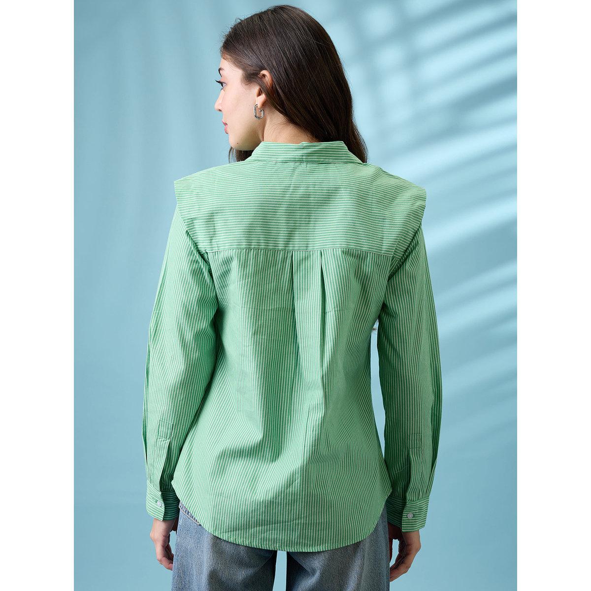 Globus X Styli Green Striped Cotton Regular Shirt-women-clothing-shirtsandblouses-shirts-image-3