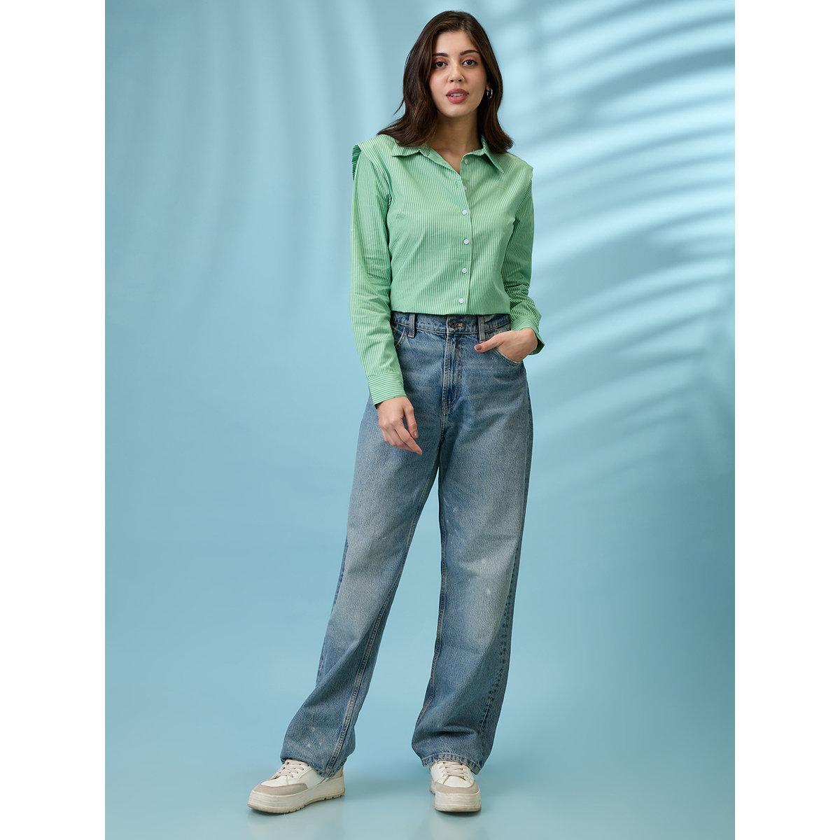 Globus X Styli Green Striped Cotton Regular Shirt-women-clothing-shirtsandblouses-shirts-image-5